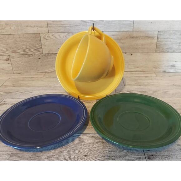 Homer Laughlin Teacup & Saucers CARNIVAL Dishes Lot Of 4 Yellow Cobalt Green - Picture 1 of 16
